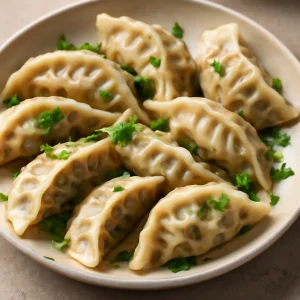 Ropogós gyoza gombócok shiitake gombával, tálalva zöldhagymával