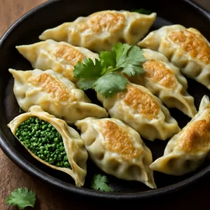 Vegán gyoza, spenóttal töltve, friss korianderrel tálalva