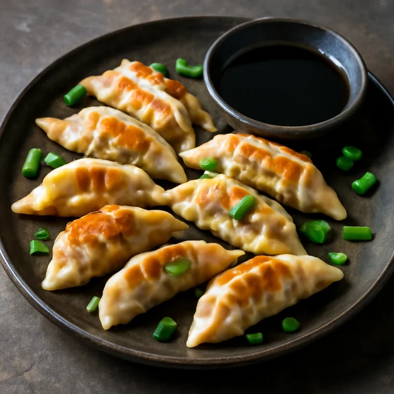 Gyoza gombóc szójaszósszal tálalva, friss zöldhagymával díszítve