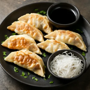 Finom gyoza gombóc üvegtésztával és szójaszósszal tálalva