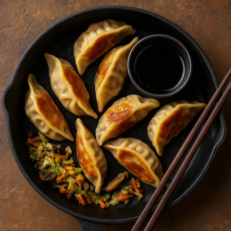 Zöldséges gyoza gombócok serpenyőben pirítva, szójaszószos tálalással