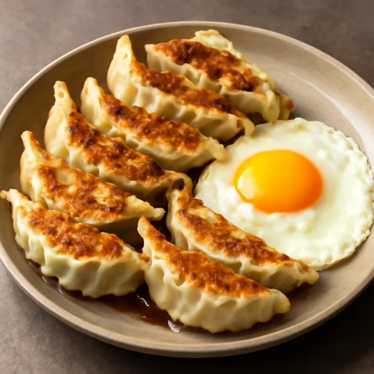 Gyoza tojással, finom, friss tésztába töltve, aranybarna ropogósra sütve