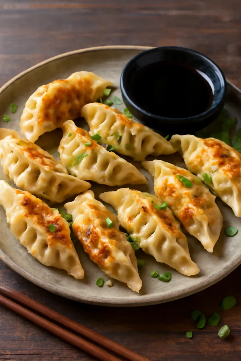 Friss, ropogós gyoza újhagymával, szójás mártással tálalva