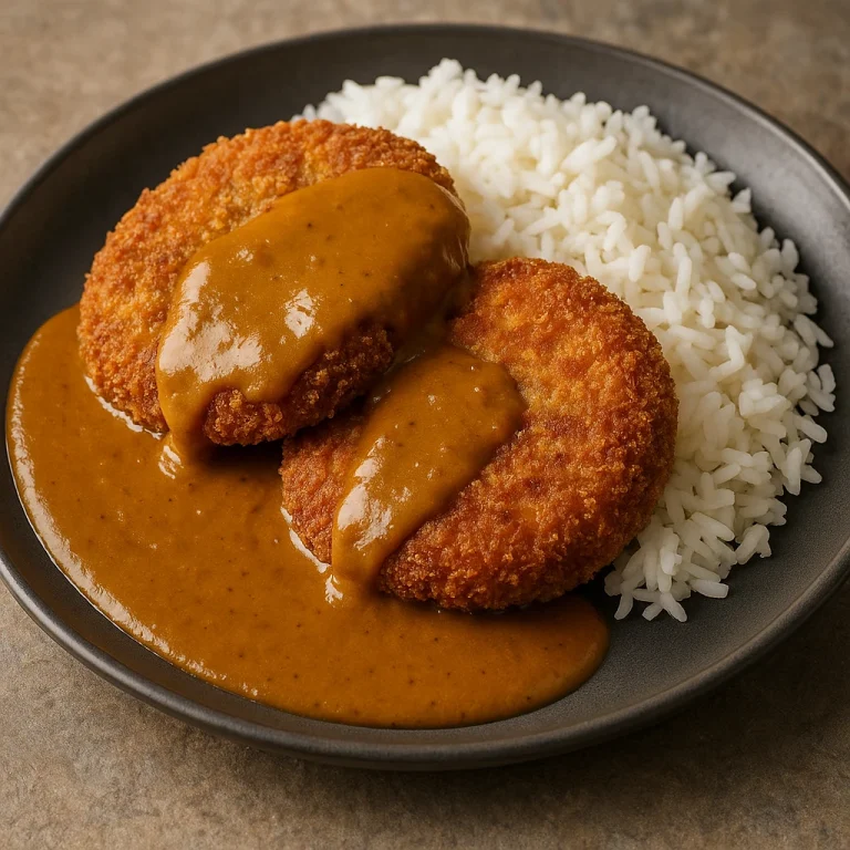 Haggis katsu curry stílusban, ropogós bundában sült szeletek curry szósszal tálalva