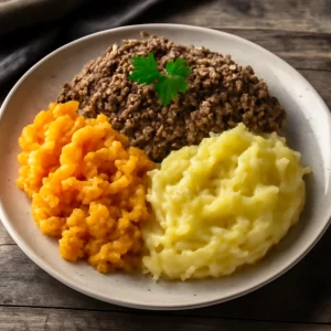 Finom haggis, fehérrépa és krumpli pürével