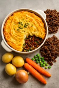 Skót haggis pásztorpite, gazdag húsos töltelékkel és sajtos pürével