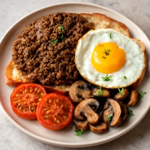 Skót haggis reggeliként tálalva, gazdag tojással és friss zöldségekkel
