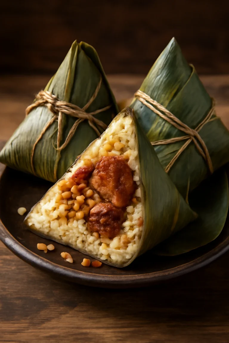 Hagyományos Zongzi, húsos töltelékkel és bambuszlevelekben csomagolva