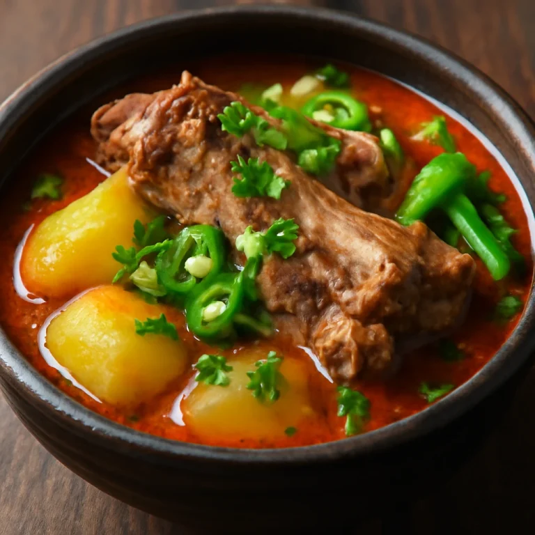 Hagyományos gamjatang, sertéshússal, krumplival és zöld chili paprikával tálalva