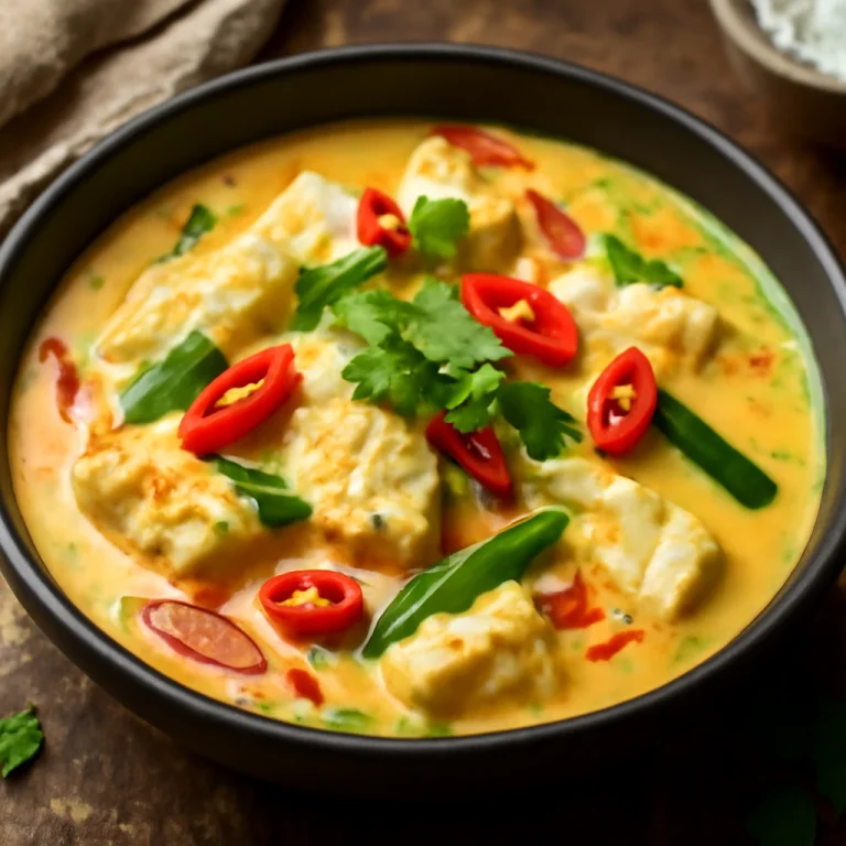Hal Bicol Express, kókusztejben főzött hal csípős chili paprikával tálalva