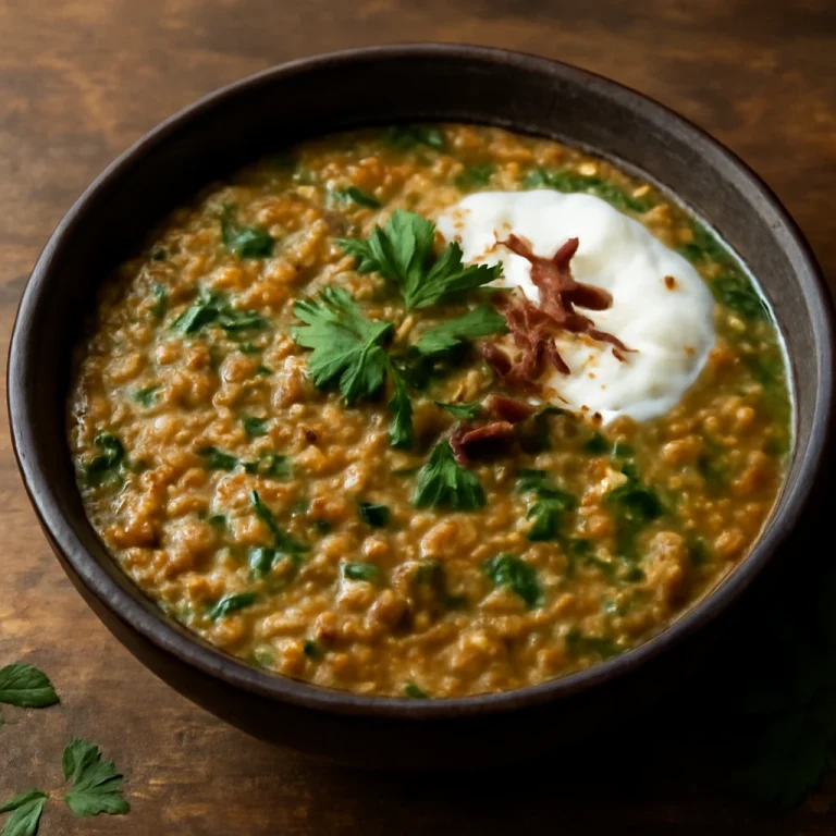 Haleem fokhagymás joghurttal, gazdag húsos közel-keleti étel friss korianderrel díszítve