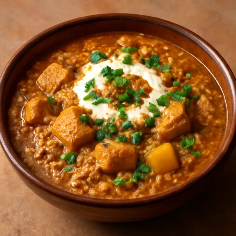 Haleem árpával, joghurttal és friss korianderrel tálalva