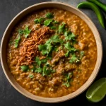 Haleem sült hagymával, gazdag fűszerekkel és friss korianderrel tálalva