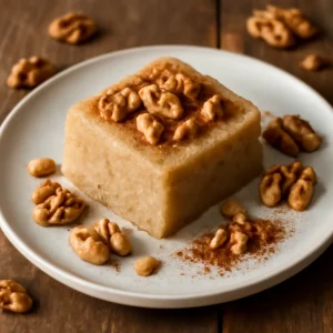 Édes halva diós ízekkel, fahéjjal tálalva