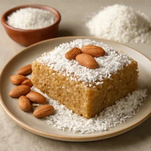 Finom és krémes kókuszos halva, friss mandulával tálalva