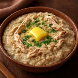 Arab Harees, gazdag csirkehússal és rizssel, vajjal