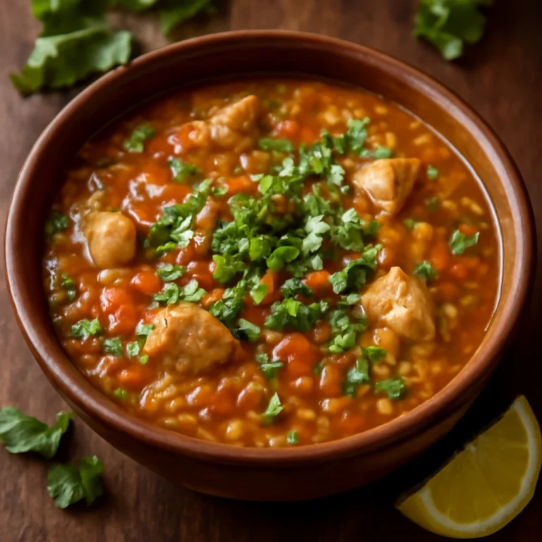 Harira lencsével, csirkehússal tálalva, friss cilantro és limoncello kíséretében