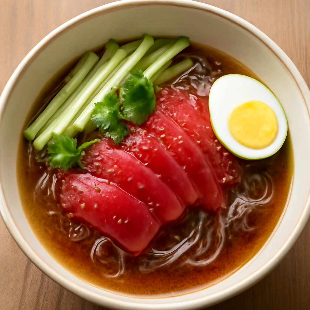 Friss koreai Hoe Naengmyeon tÃ©szta nyers hal szeletekkel, uborkÃ¡val Ã©s tojÃ¡ssal