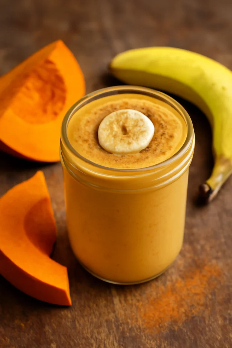 Hokkaido sütőtök smoothie-ban, banánnal és fahéjjal díszítve