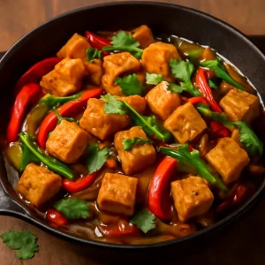 Sült tofu zöldségekkel és szójaszósszal, friss korianderrel tálalva
