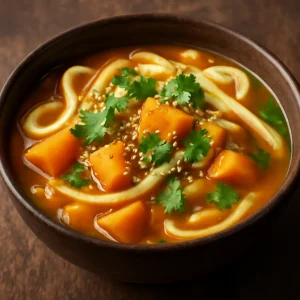Széles udon tészta tökös levesben, friss korianderrel