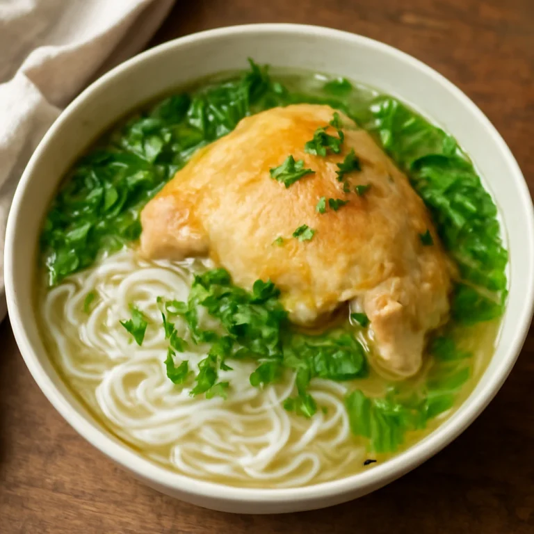 Hủ tiếu csirkével, friss korianderrel és zöldhagymával tálalva, gazdag leves alaplével.