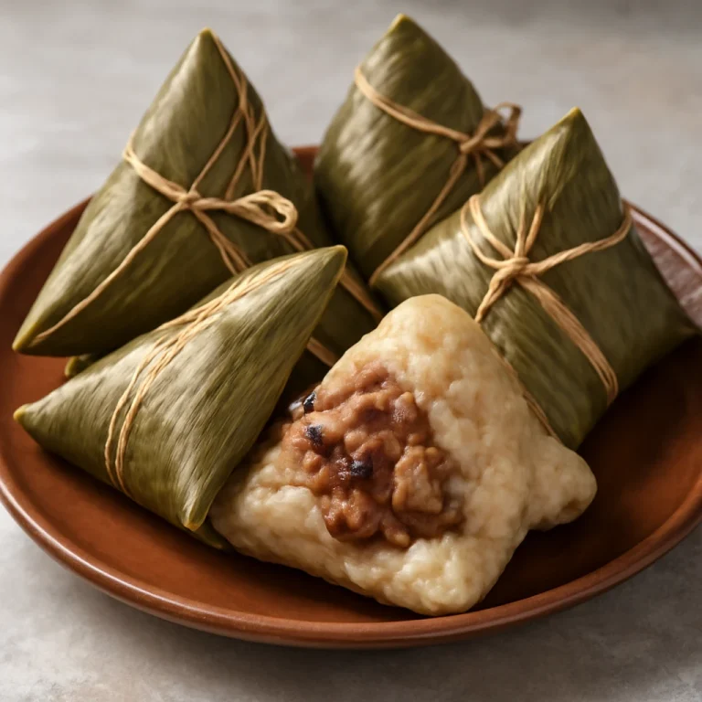 Húsos zongzi tálalva
