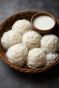Indiai idiyappam kókusztejjel és friss kókuszreszelékkel