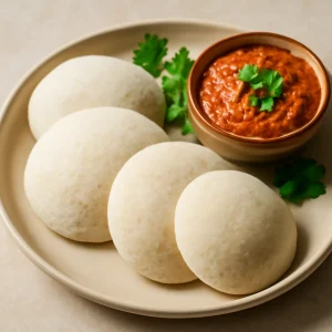 Indiai gőzölt idli chutneyval tálalva