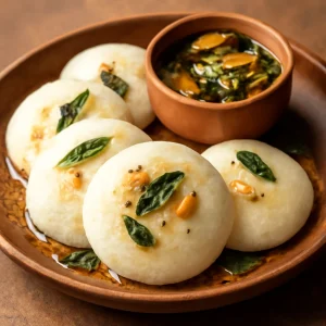 Friss idli fűszeres olívaolajjal tálalva