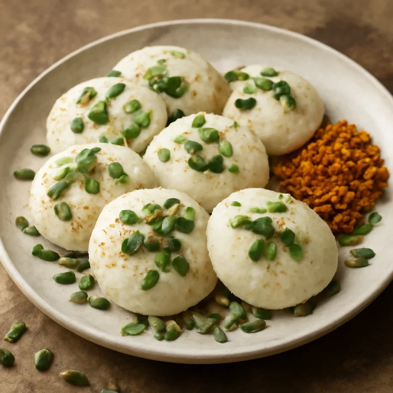 Idli podival indiai étel párolt rizsgolyókkal, tökmaggal és korianderrel díszítve