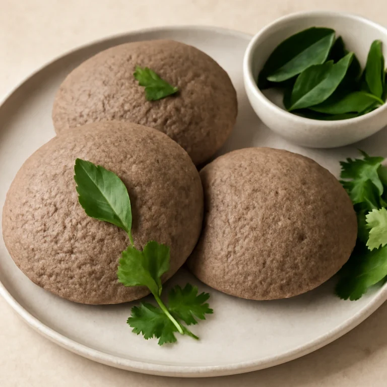 Idli ragi-val, friss korianderrel és curry levéllel tálalva