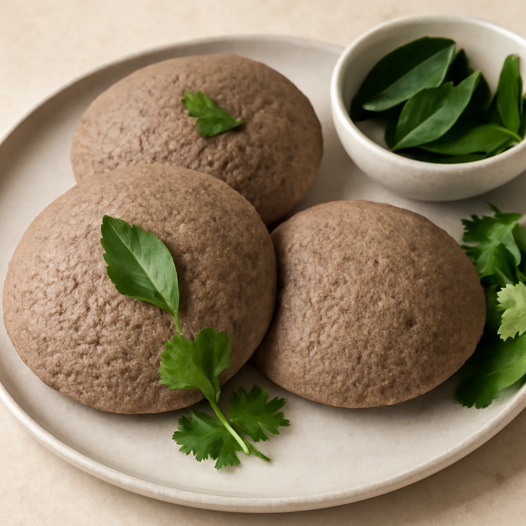Friss idli ragi-val, curry levéllel és korianderrel