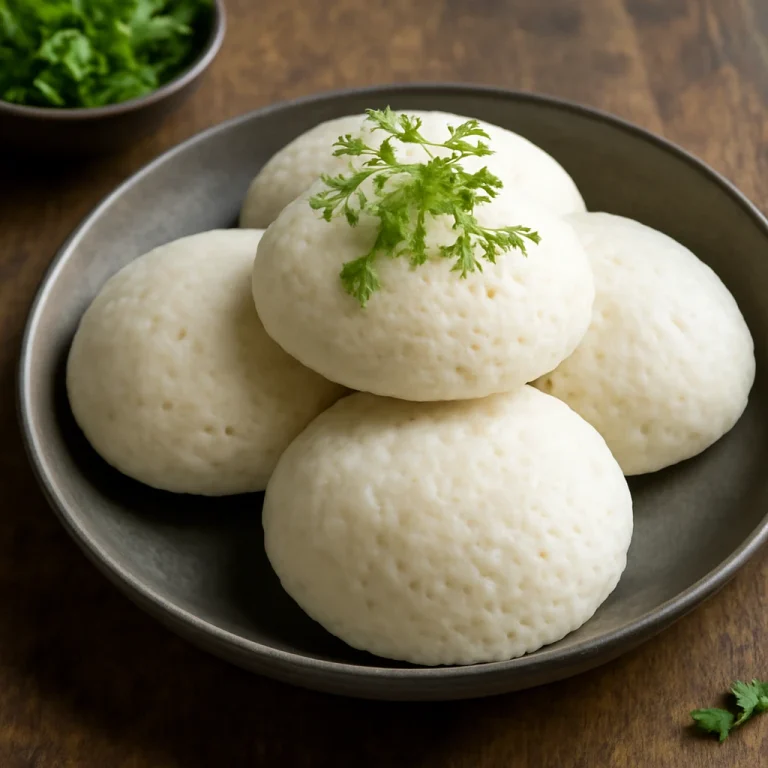 Idli rava-val frissen tálalva, korianderrel díszítve