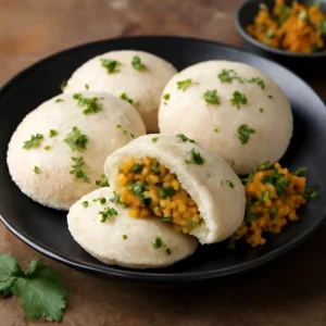 Friss idli sós töltelékkel, zöldségekkel és korianderrel