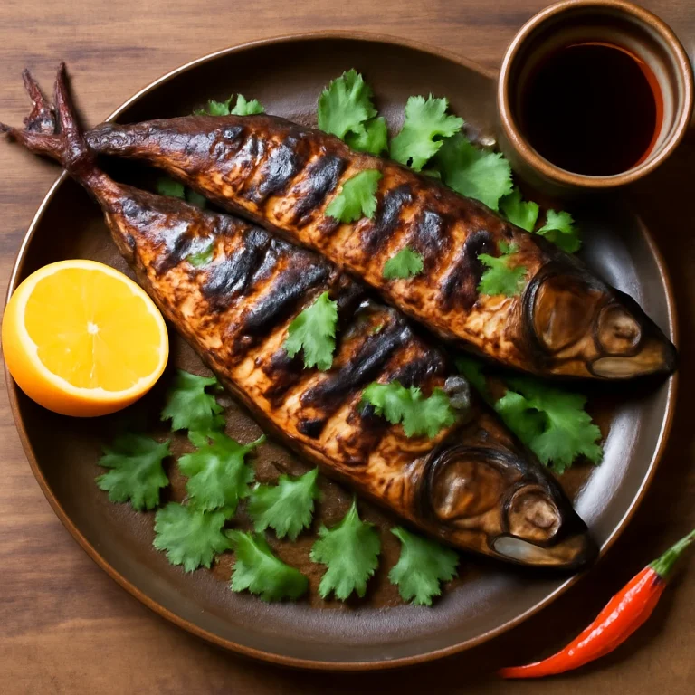 Ikan Bakar Makrélával, grillezett hal, szójaszósszal és friss korianderrel tálalva