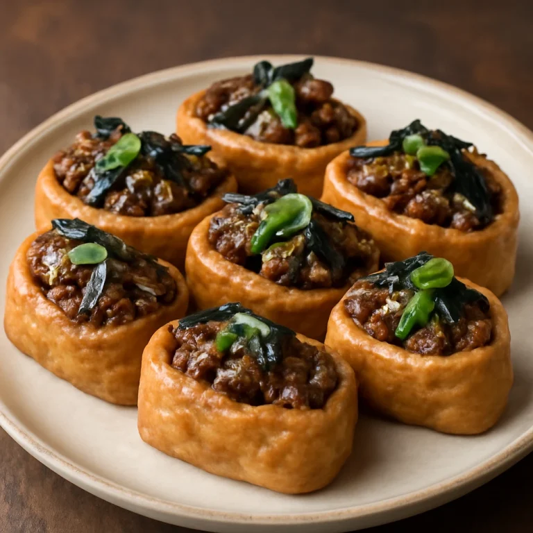 Inarizushi bulgogi marhahússal, tálalva nori alga és szezámmag díszítéssel