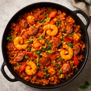 Ínycsiklandó jambalaya csirkehússal, tenger gyümölcseivel és friss korianderrel
