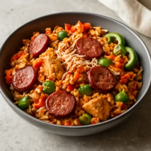 Fűszeres és gazdag jambalaya csirkével és kolbásszal