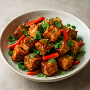 Pikáns, fűszeres tofu tálalva friss zöldségekkel