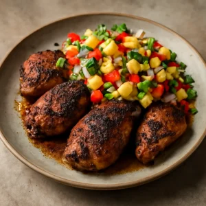 Fűszeres csirke és friss salsa egy tálban