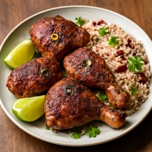 Fűszeres jamaikai Jerk csirke rizs és bab körettel