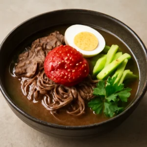 Friss koreai Jinju Naengmyeon tészta pirospaprika pasztával és friss zöldségekkel