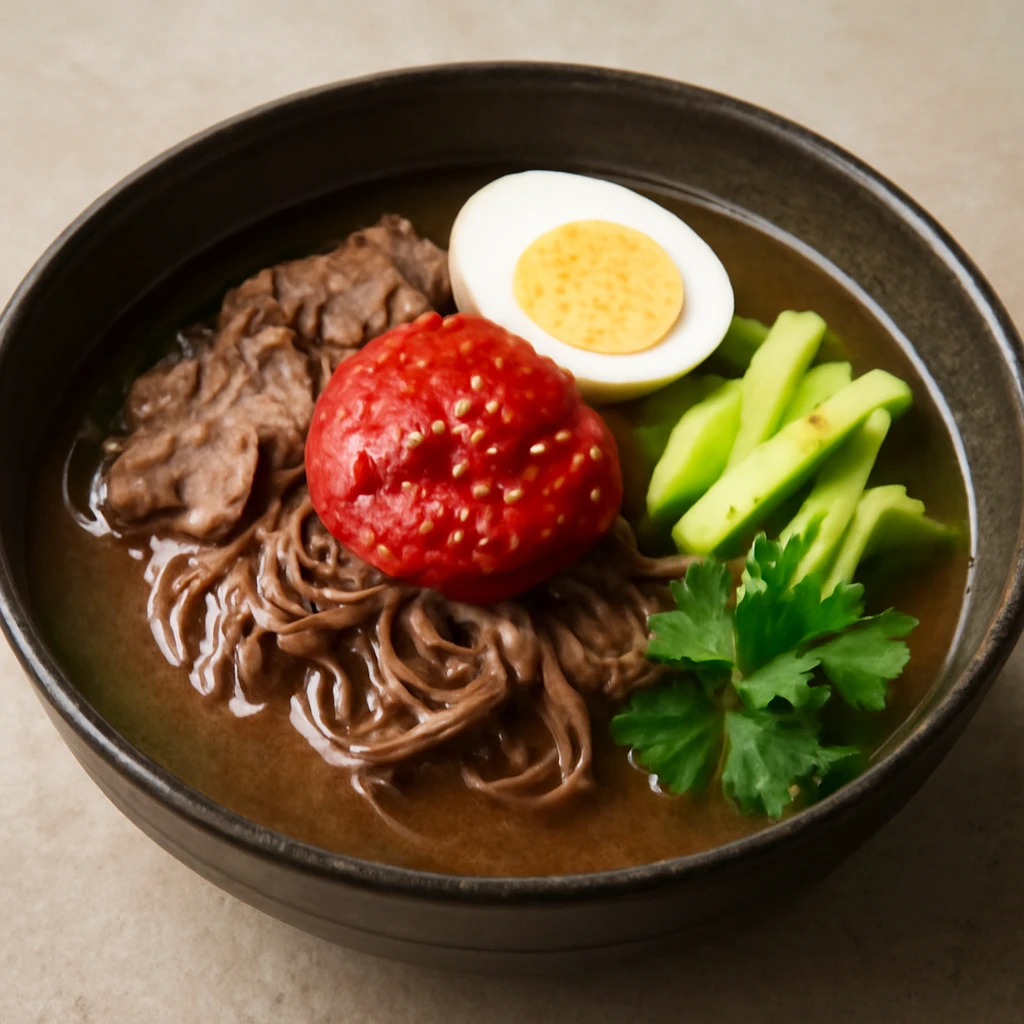 Friss koreai Jinju Naengmyeon tÃ©szta pirospaprika pasztÃ¡val Ã©s friss zÃ¶ldsÃ©gekkel
