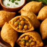Kachori csicseriborsóval, indiai étel ropogós tésztában csicseriborsós töltelékkel