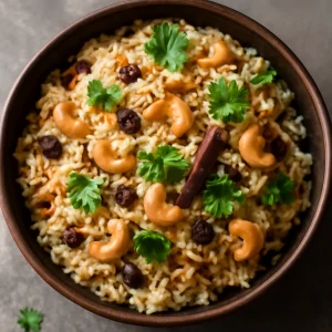 Ínycsiklandó Kaju Kishmish Pulao kesudióval és mazsolával