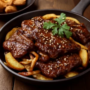 Koreai marhahús grillezve szezámmaggal és gyümölcsökkel tálalva