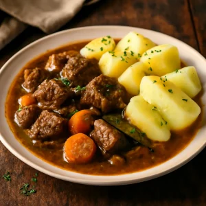 Magyar kalops marhahússal és főtt burgonyával tálalva