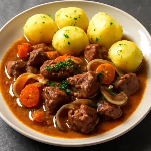 Magyar kalops marhahússal és főtt burgonyával tálalva