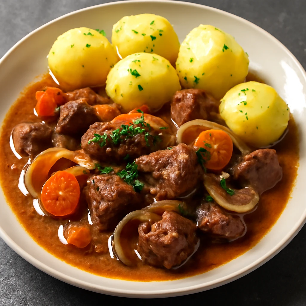 Magyar kalops marhahússal és főtt burgonyával tálalva